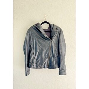 Helmut Lang Womens Black Lamb Leather Hooded Asymmetrical Zip Fleece Jacket L